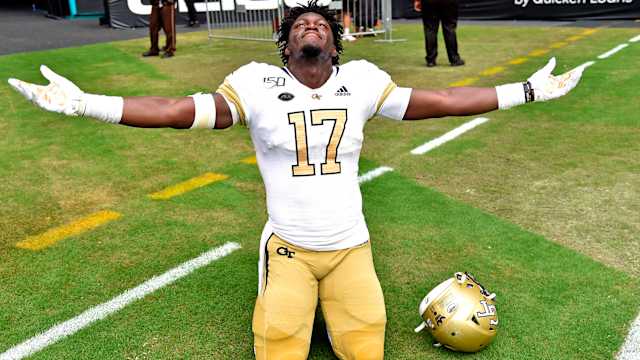 Oct 19, 2019; Miami Gardens, FL, USA; Georgia Tech Yellow Jackets linebacker Demetrius Knight II (17) celebrates after defeating the Miami Hurricanes in overtime at Hard Rock Stadium.